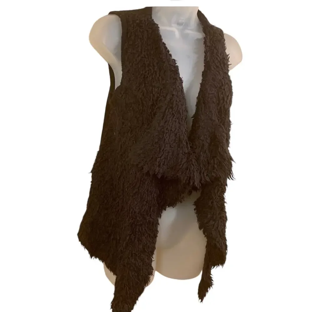 Kensie Boho Black Open Front Vest Sz XS Knit Shag Drape Layered VTG Hippie 70s